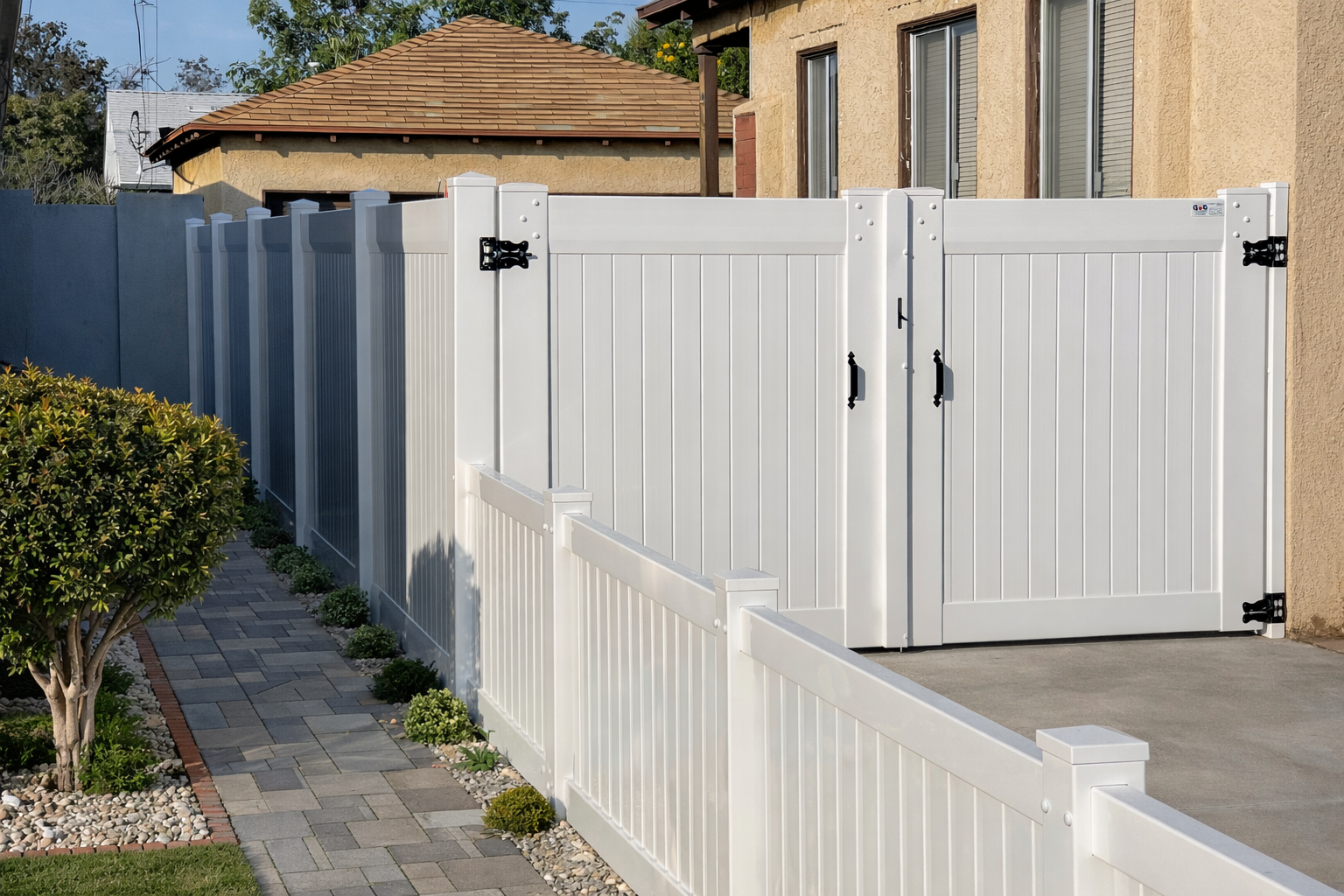 White Vinyl Double Gate with Closed Picket Privacy Fence