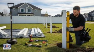 Professional installer measuring and setting posts for vinyl fence installation in a residential area