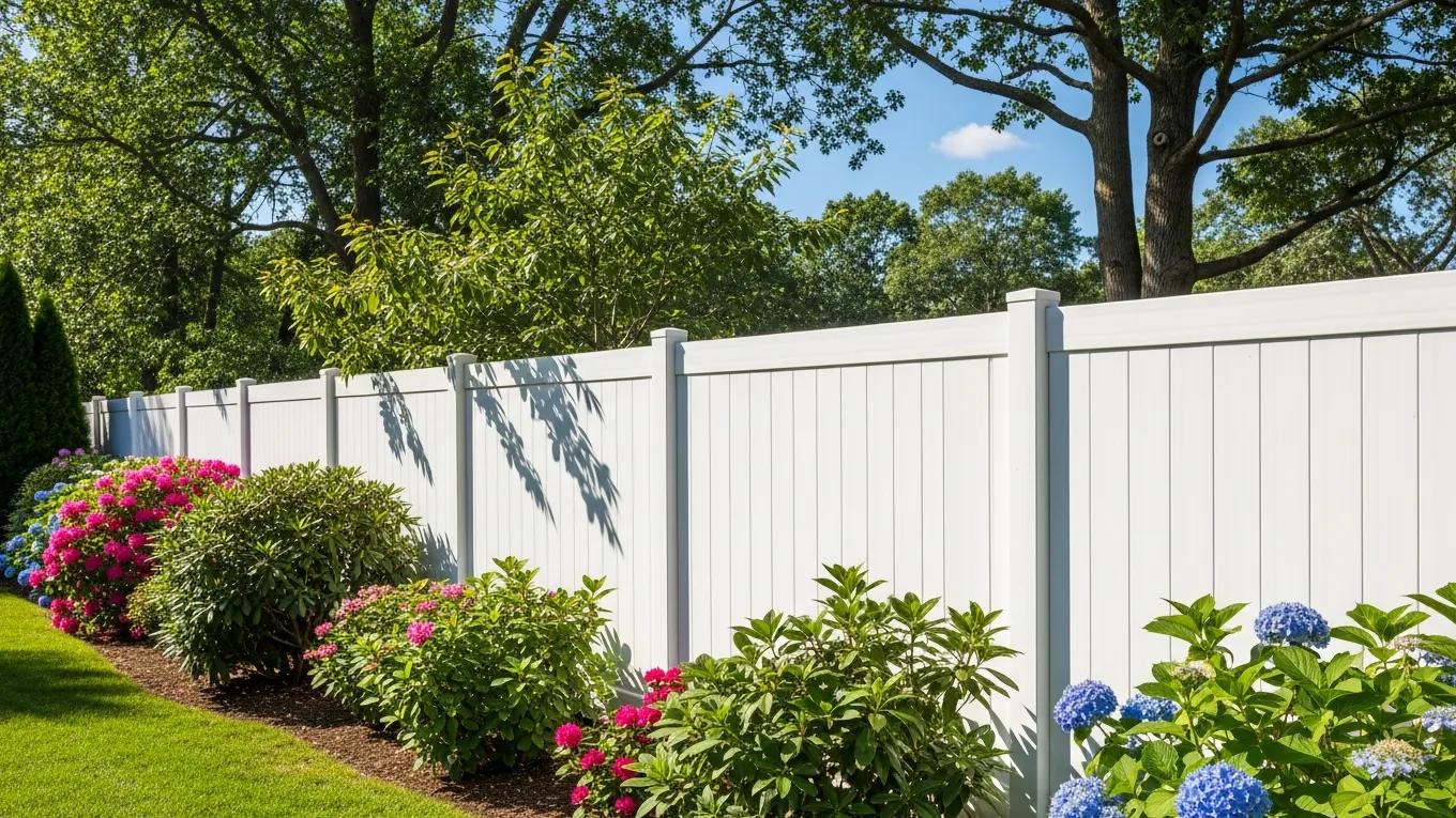 Durable vinyl fence in a sunny backyard, highlighting its aesthetic appeal and suitability for homeowners