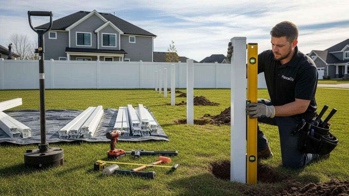 Professional installer measuring and setting posts for vinyl fence installation in a residential area