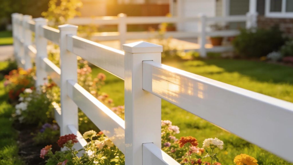 Beautiful vinyl fence in a sunny garden, showcasing durability and aesthetic appeal