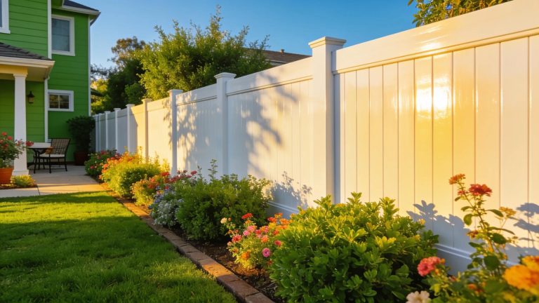 Beautifully maintained vinyl fence in a sunny Southern California garden, enhancing property aesthetics