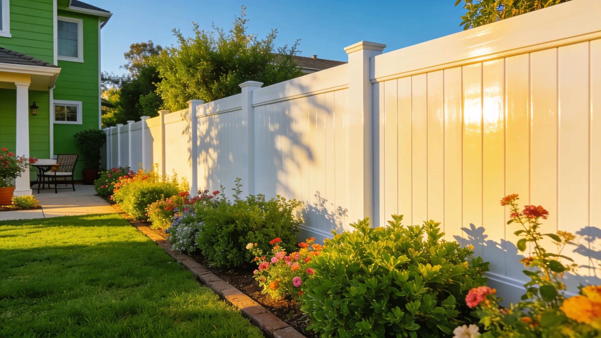 Beautifully maintained vinyl fence in a sunny Southern California garden, enhancing property aesthetics