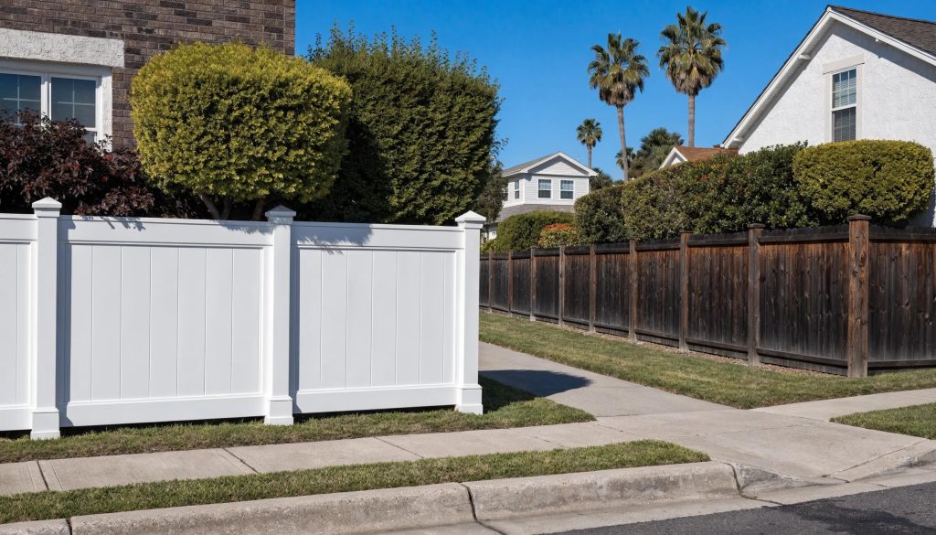Comparative visual of a durable vinyl fence beside a weathered wooden fence under bright Southern California sunlight