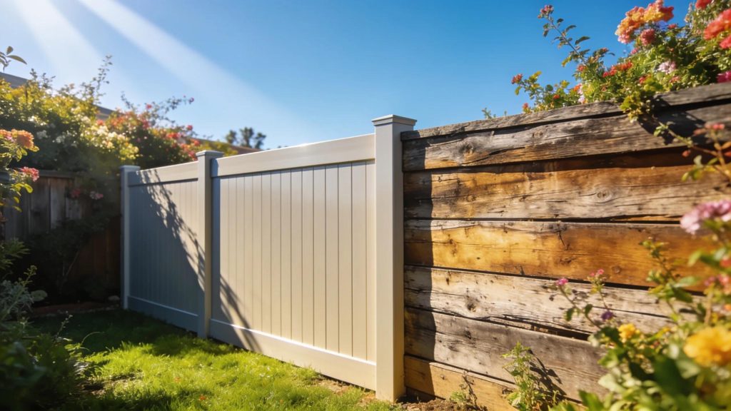 Vinyl and wood fences in a Southern California backyard illustrating maintenance differences.