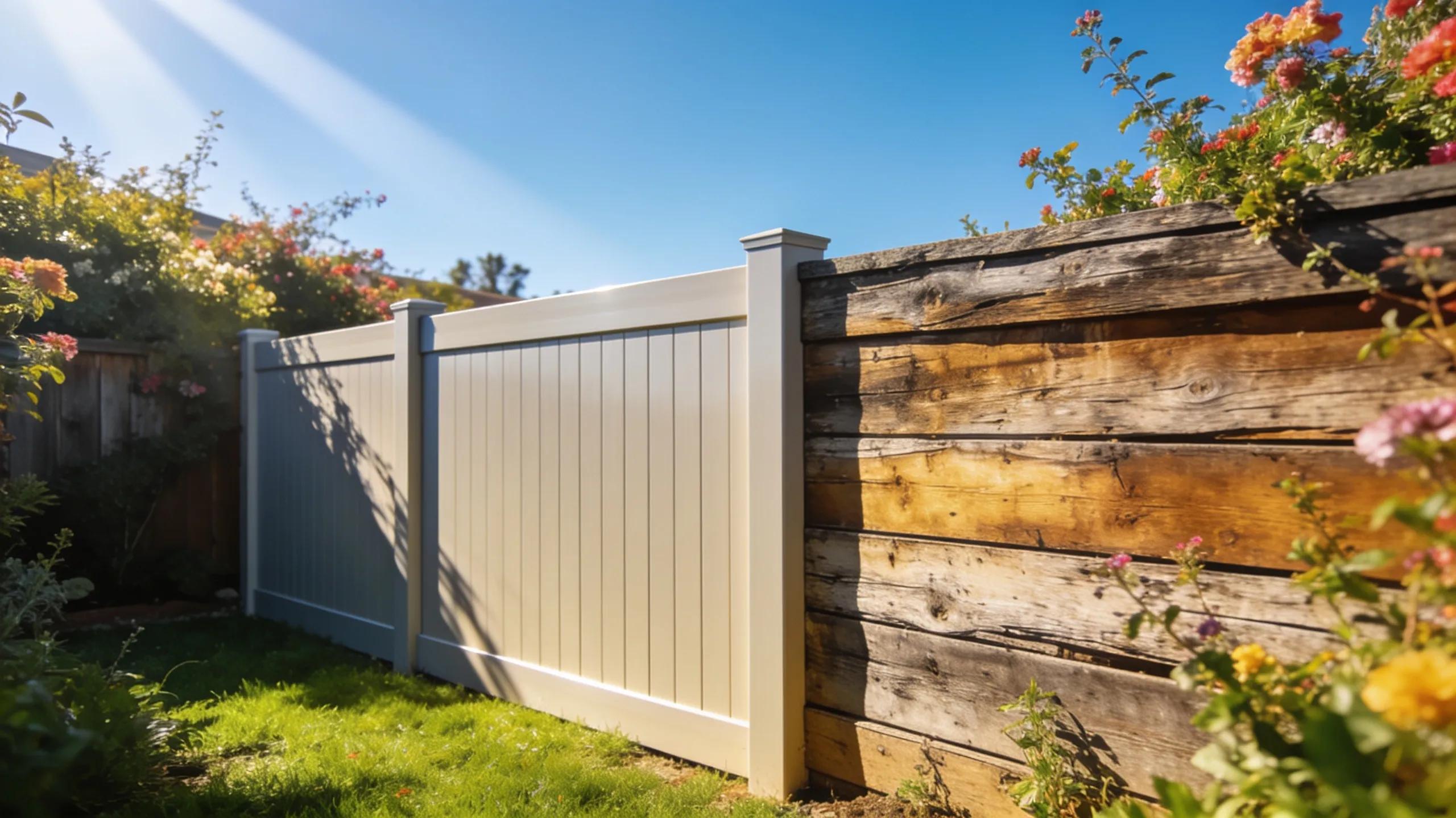 Vinyl and wood fences in a Southern California backyard illustrating maintenance differences.
