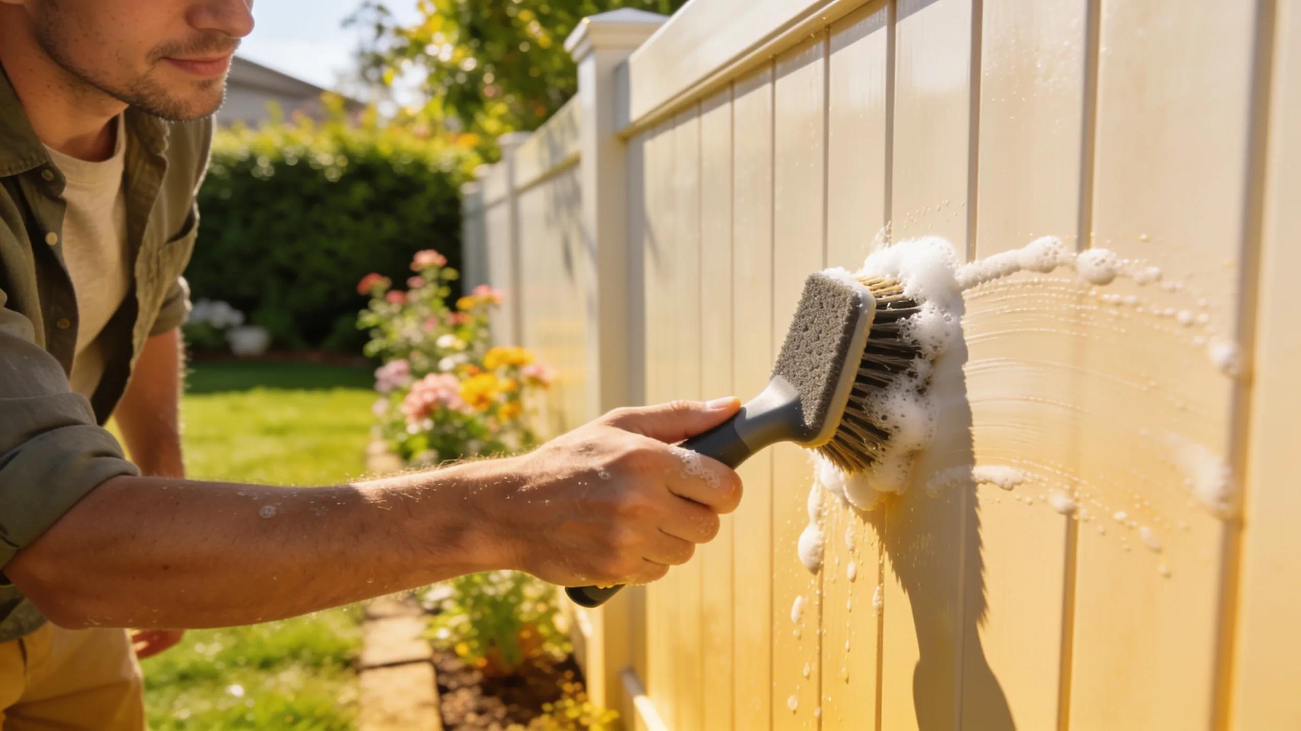Homeowner cleaning a vinyl fence in a sunny yard using a non-abrasive brush