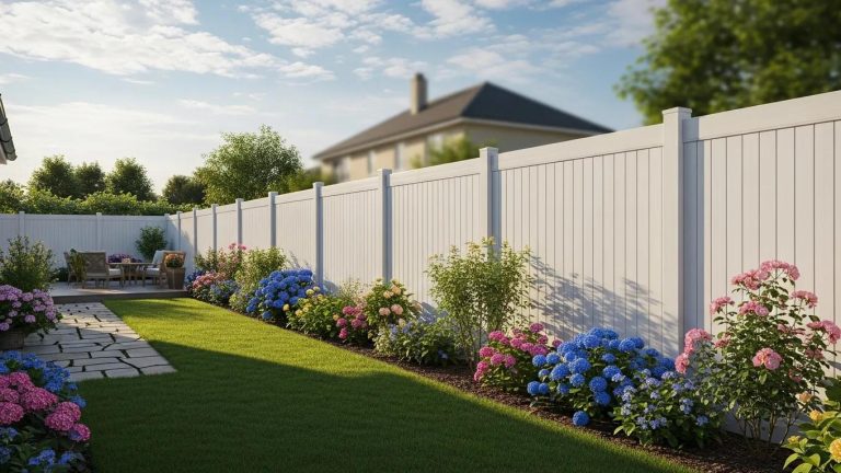 Modern vinyl fence in a residential garden providing privacy and security