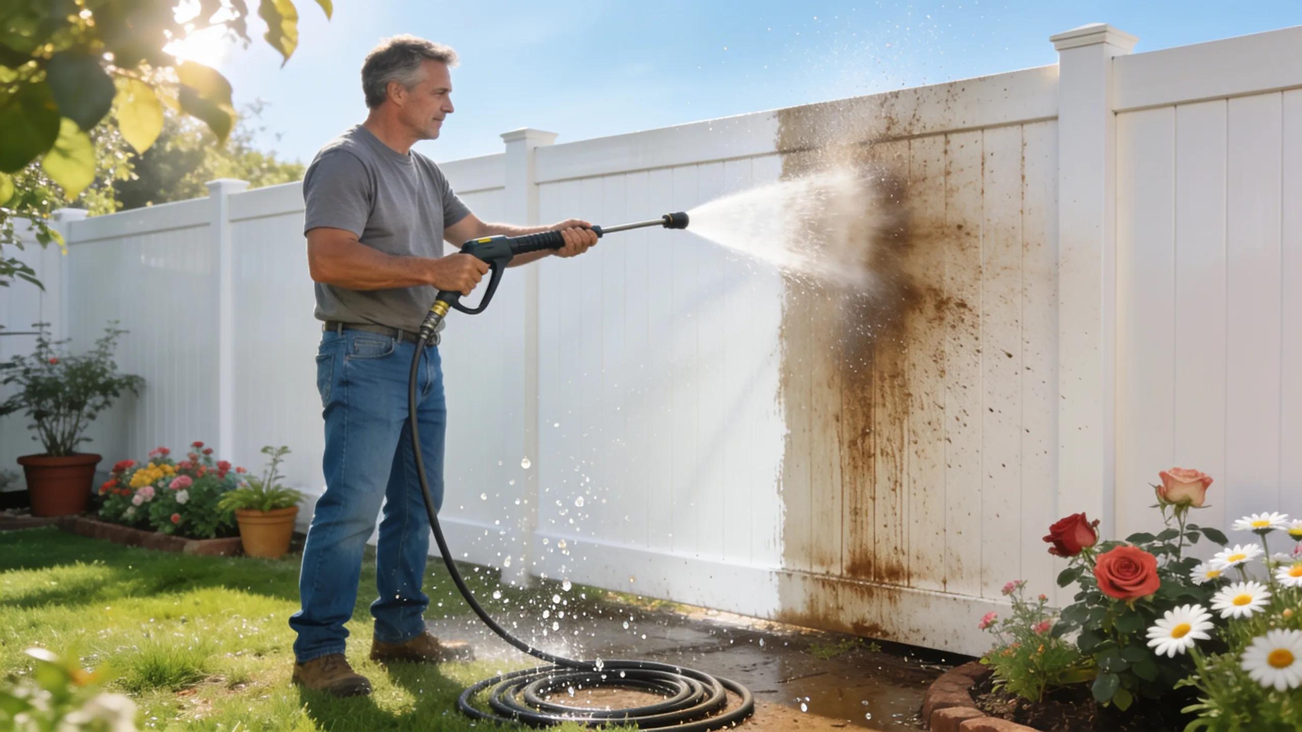 Homeowner cleaning a vinyl fence with a pressure washer, emphasizing low maintenance