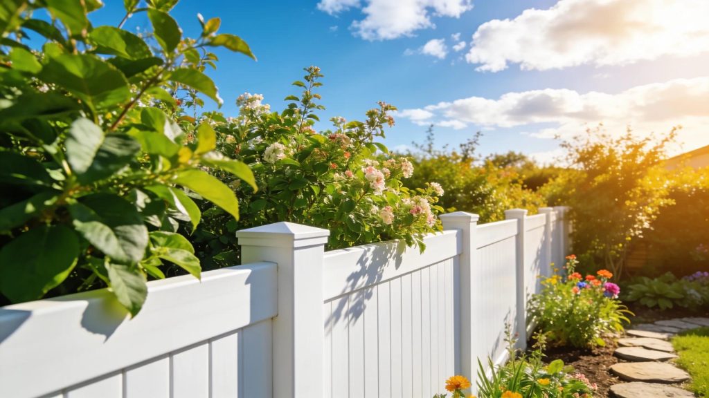 Well-maintained vinyl fence in a sunny Southern California garden