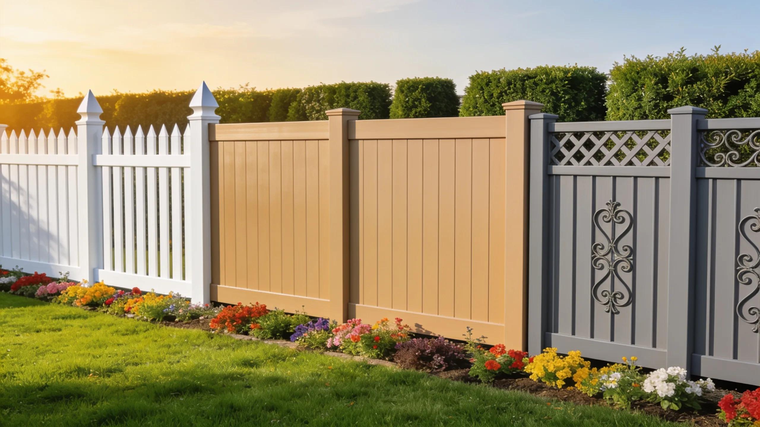 Diverse vinyl fencing styles showcased in a landscaped garden, highlighting aesthetic choices for homeowners