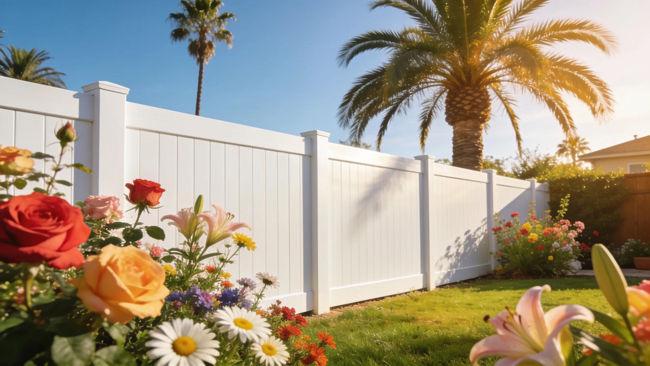 Durable vinyl fence in Southern California backyard surrounded by colorful landscape