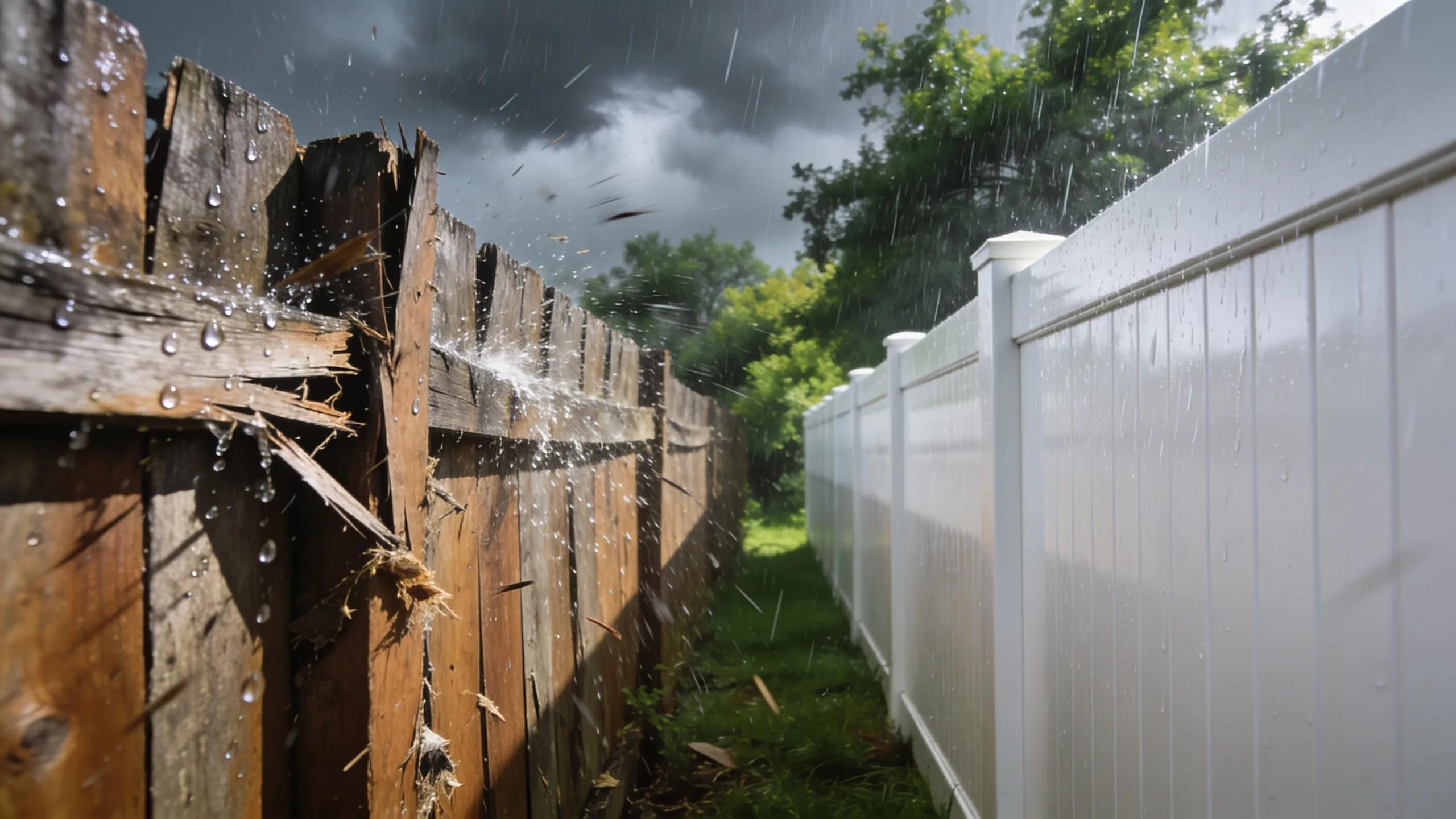 Contrasting durability of a weathered wood fence and a pristine vinyl fence under harsh weather