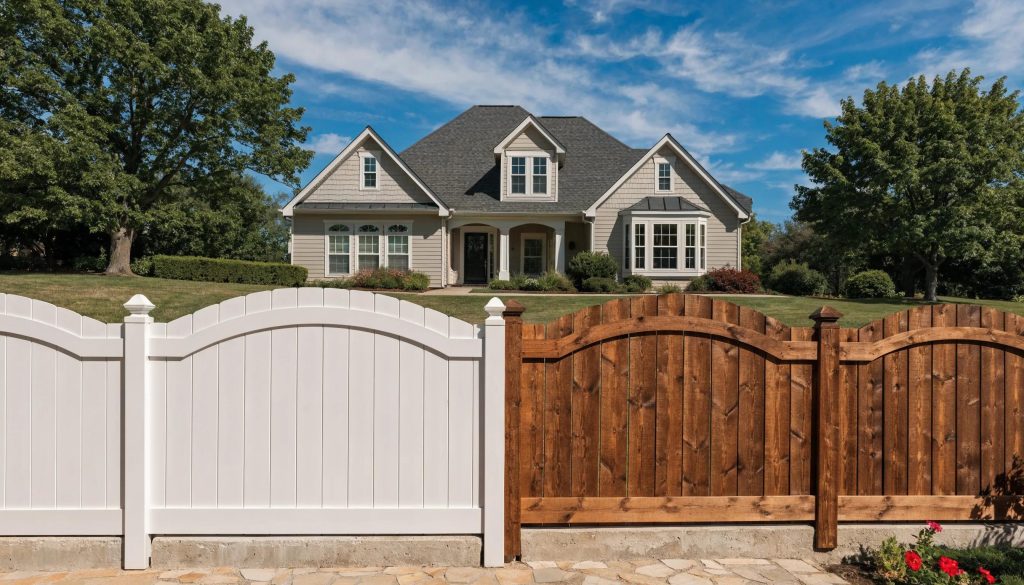 Vinyl and wood fencing comparison in a residential yard highlighting durability and aesthetic appeal