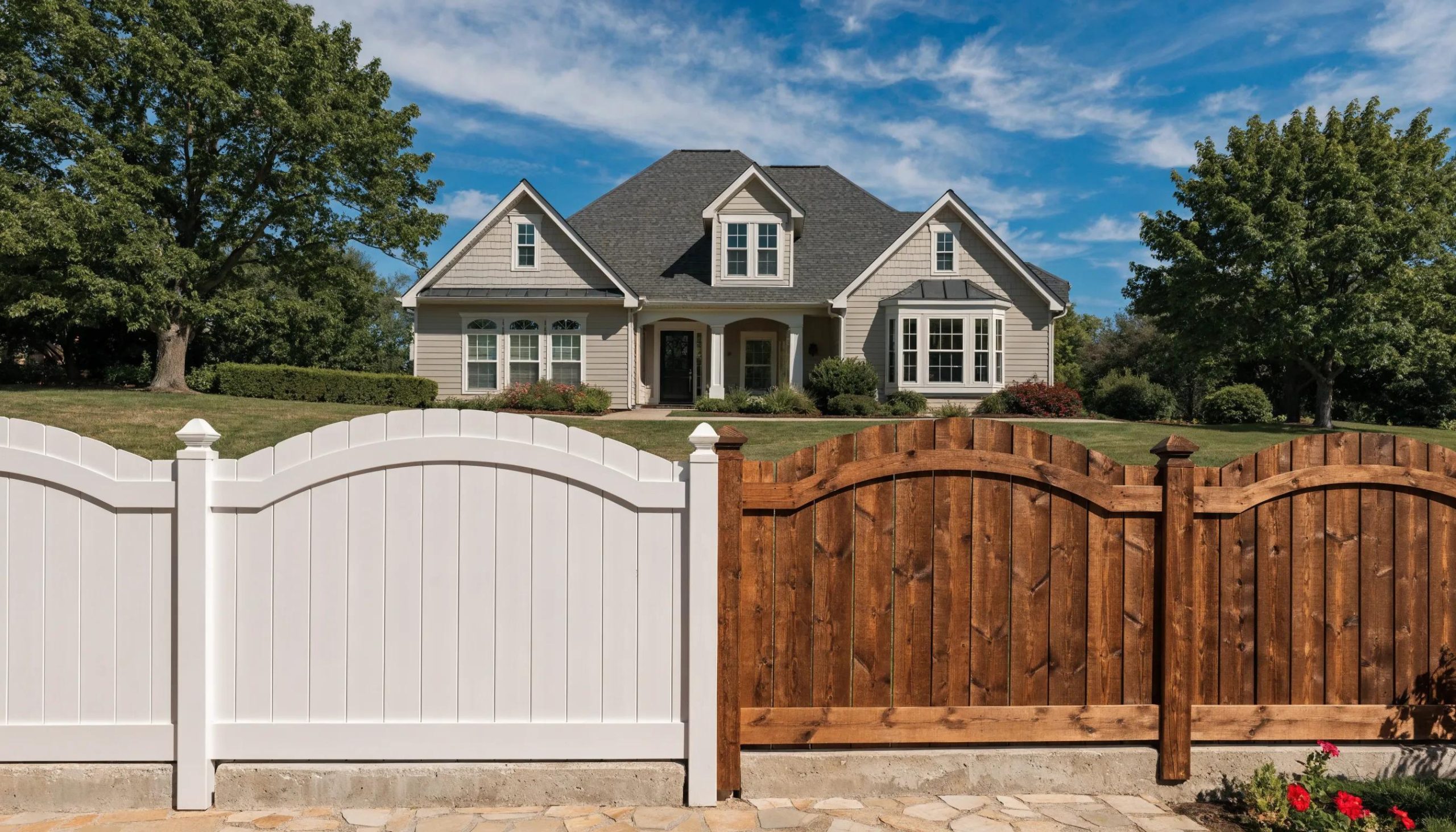 Vinyl and wood fencing comparison in a residential yard highlighting durability and aesthetic appeal