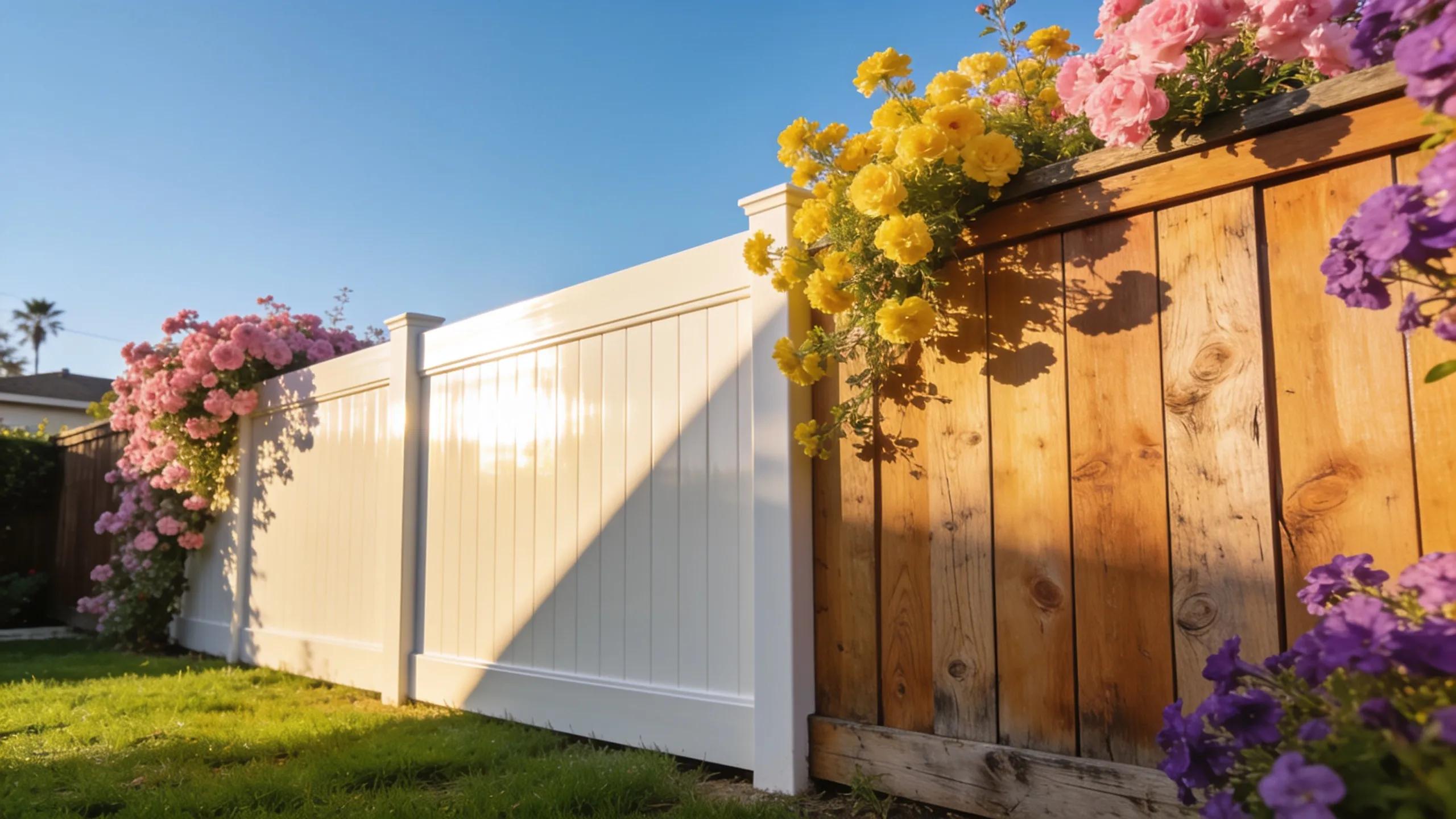 Vinyl fence and wood fence comparison in a sunny Southern California backyard