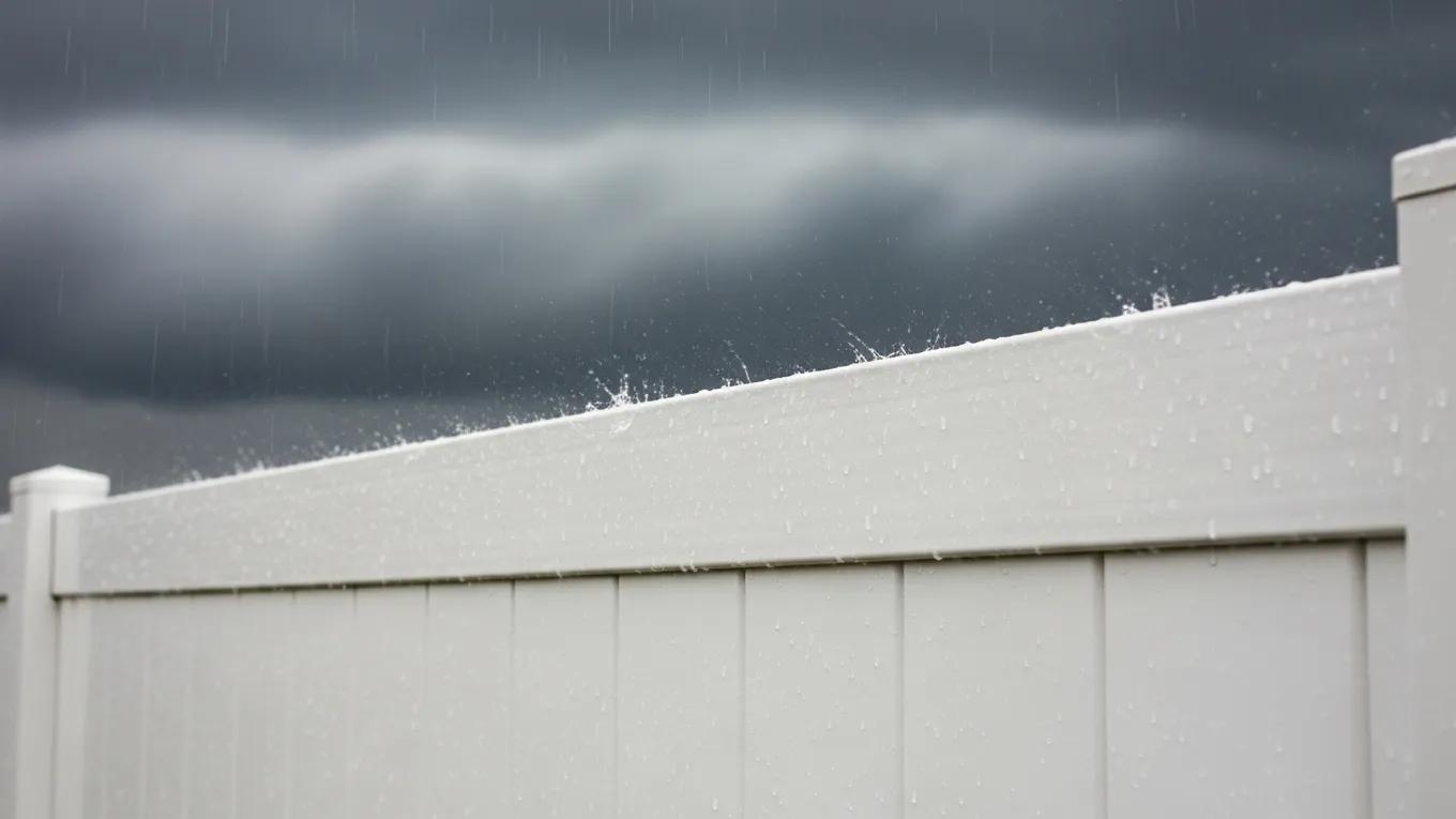 Close-up of a durable vinyl fence panel against a stormy background