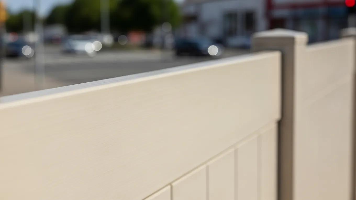 Close-up of a vinyl fence panel demonstrating its sound barrier properties against a noisy street