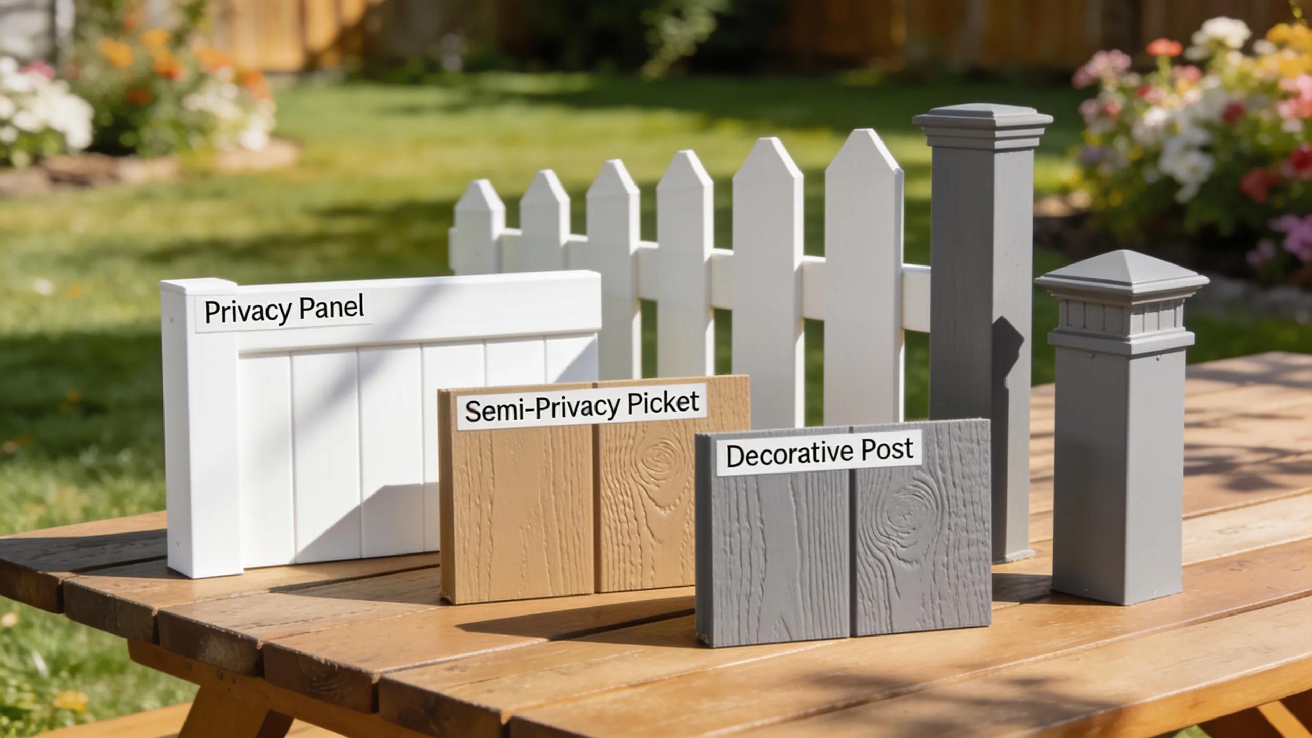 Variety of vinyl fencing material samples displayed outdoors showcasing different colors and textures
