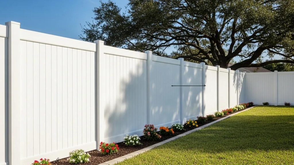 Durable vinyl fence in sunny outdoor setting, highlighting maintenance and repair importance