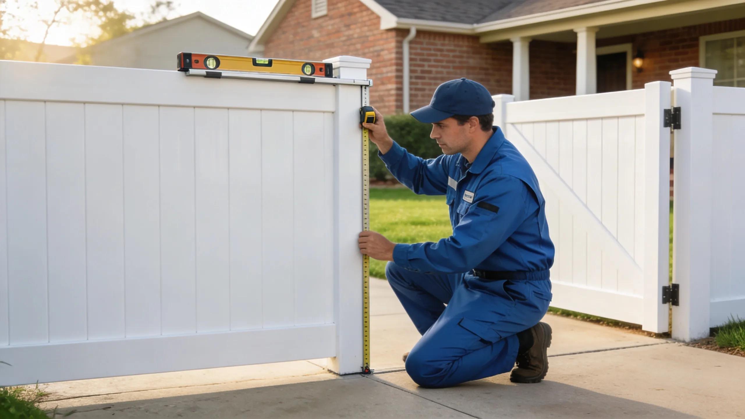 Professional technician inspecting a vinyl gate for alignment issues in a residential setting