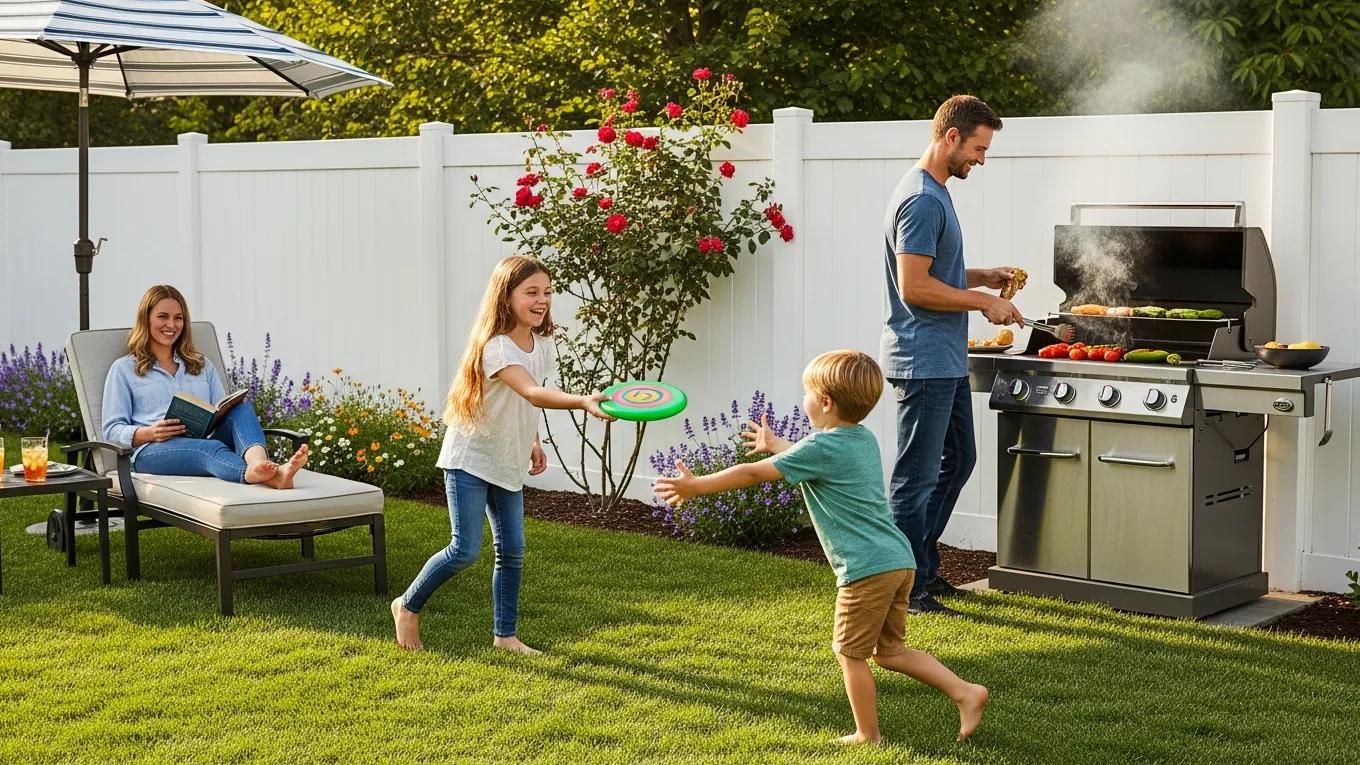 Family enjoying a backyard with a low-maintenance vinyl fence
