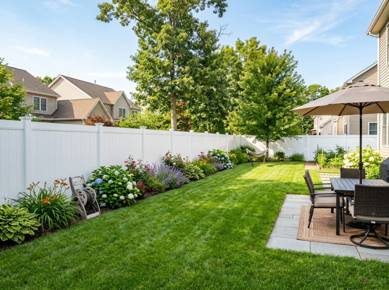 Suburban backyard with green lawn, white fence, flower beds, outdoor dining set, and umbrella