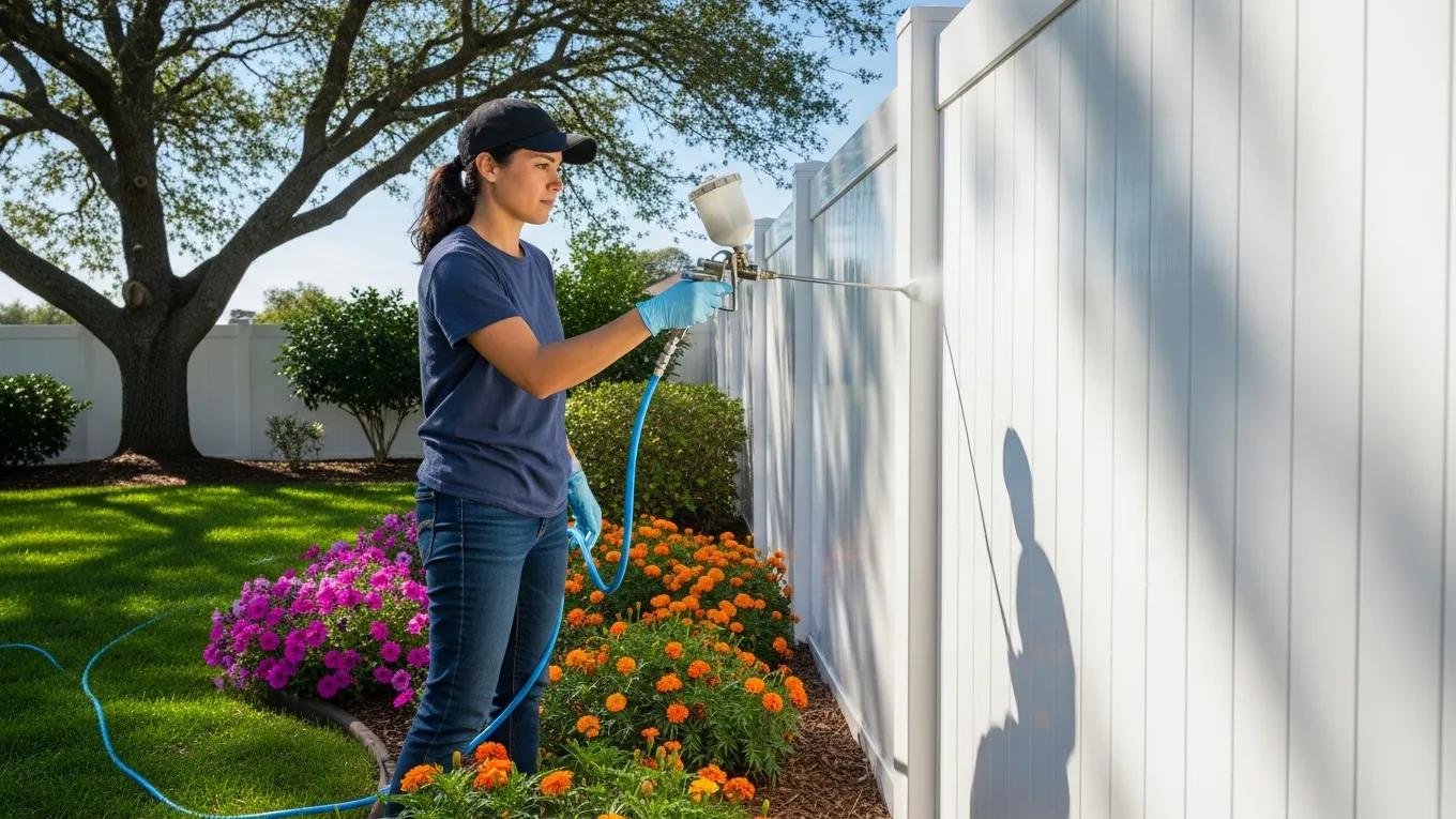 Homeowner applying protective coating to vinyl fence, illustrating preventative maintenance