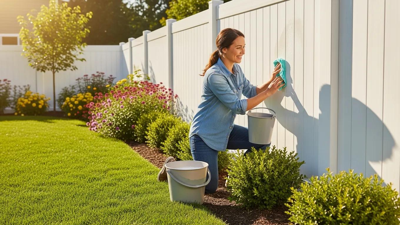 Homeowner cleaning vinyl fence, demonstrating easy maintenance practices for longevity