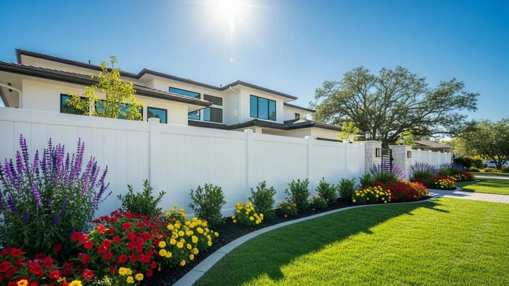 Modern home with a stylish white vinyl fence and vibrant garden