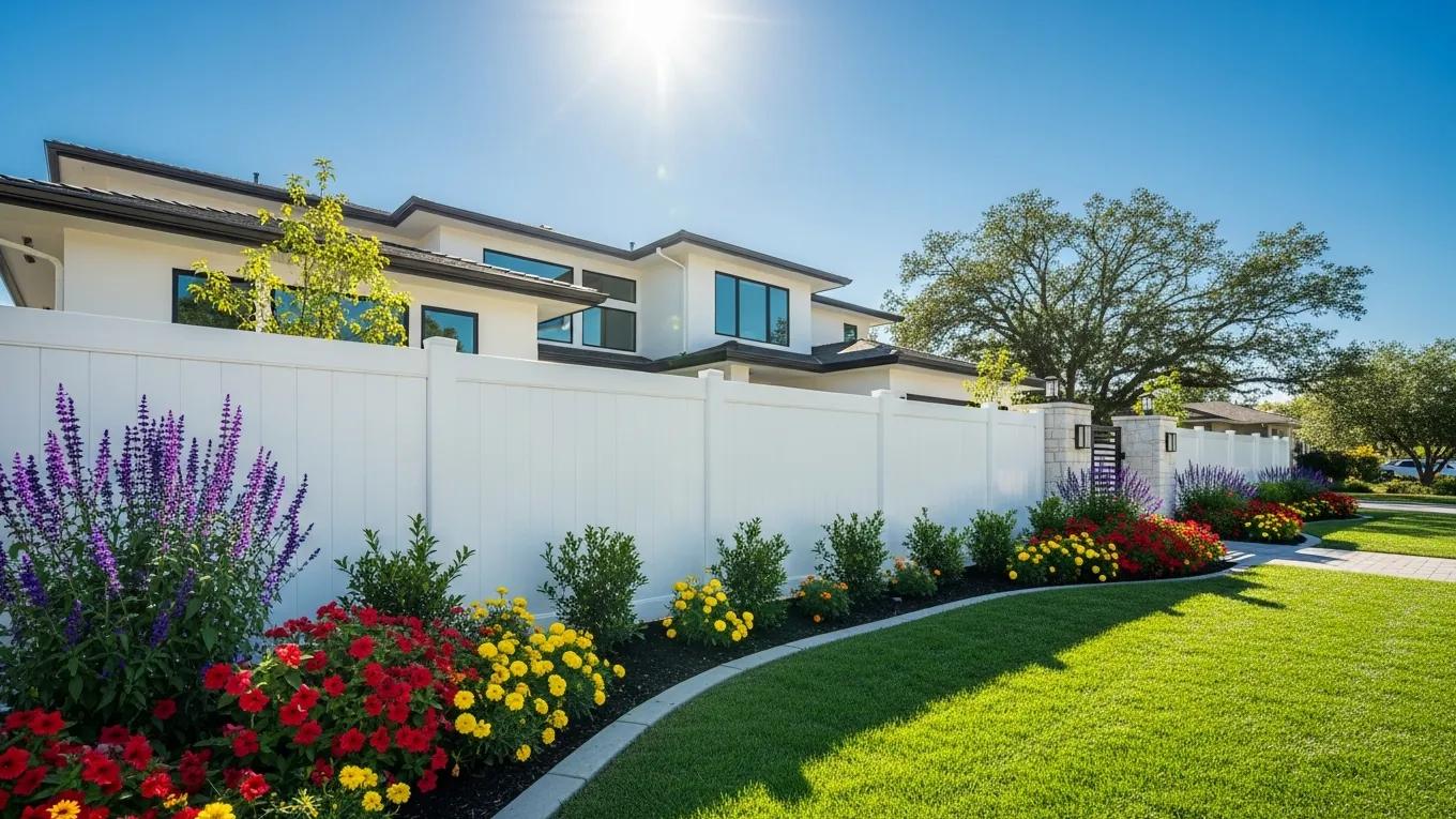 Modern home with a stylish white vinyl fence and vibrant garden