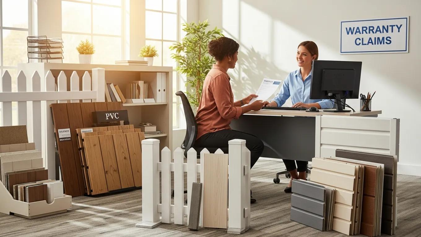 Person filing a warranty claim for vinyl products with vinyl fencing in the background