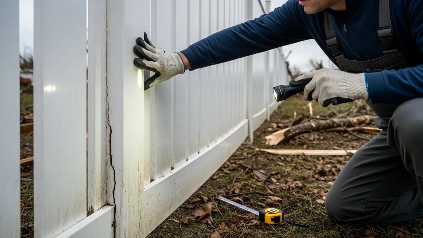 Person inspecting vinyl fence for storm damage, focusing on cracks and warping