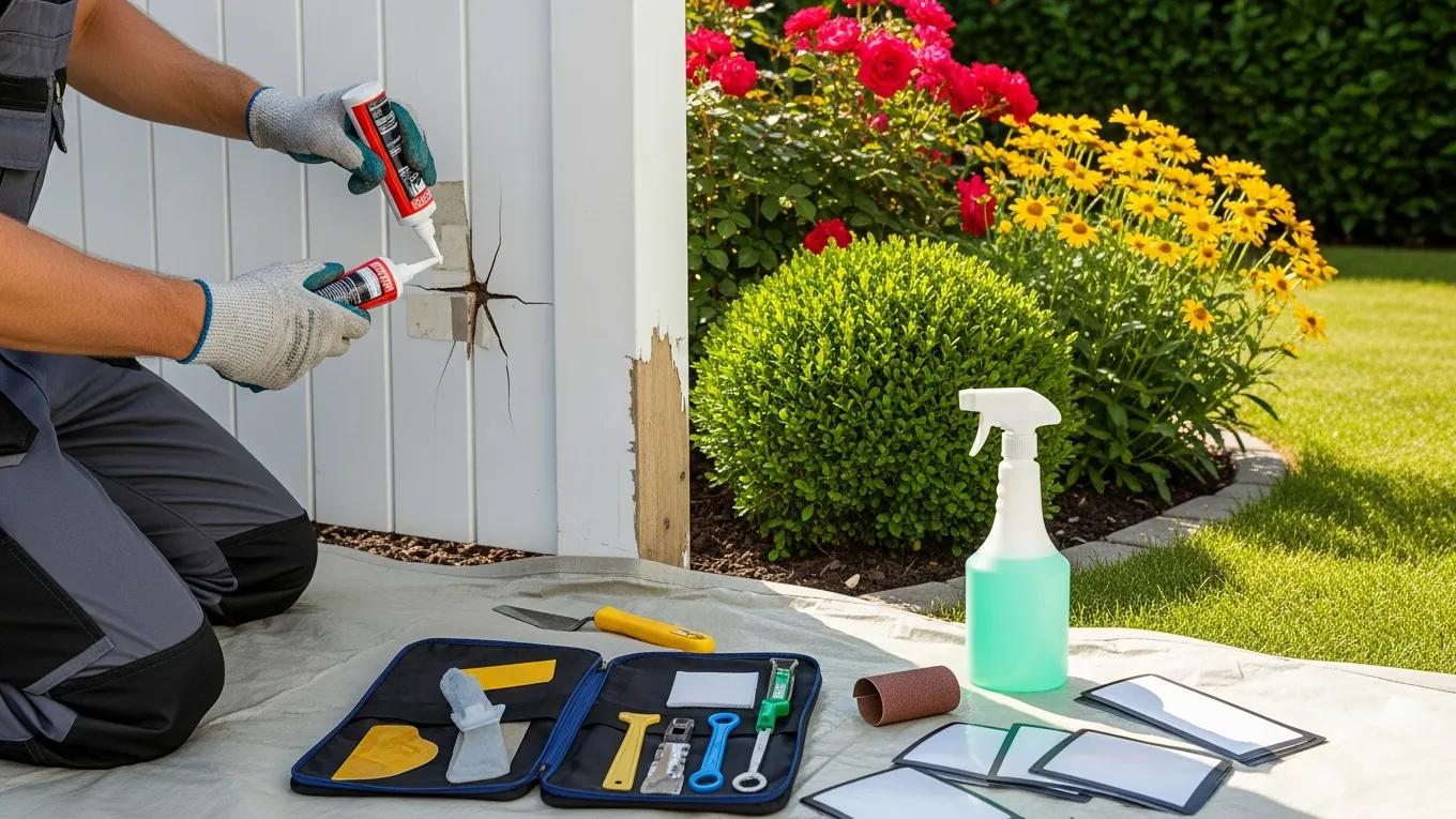 Person repairing a cracked vinyl fence panel with a vinyl repair kit, demonstrating effective repair techniques