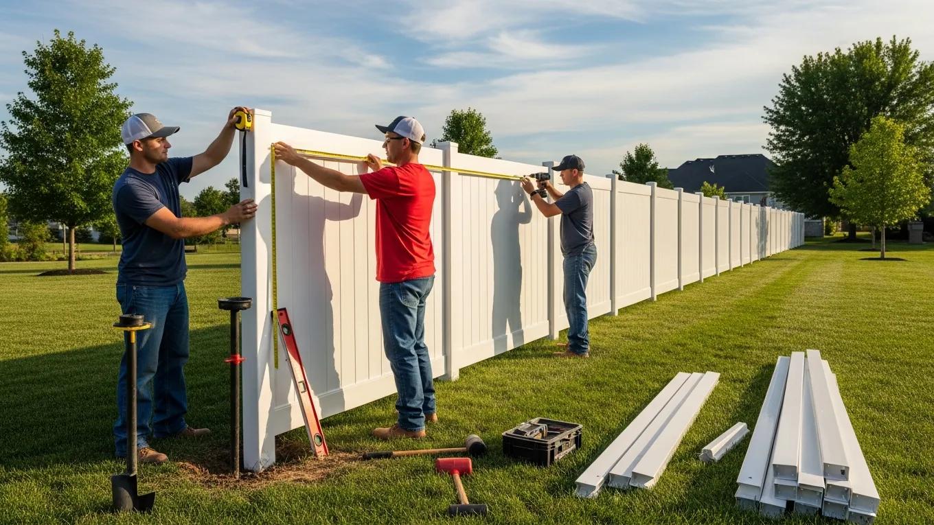 Professional team installing vinyl fencing in a residential backyard