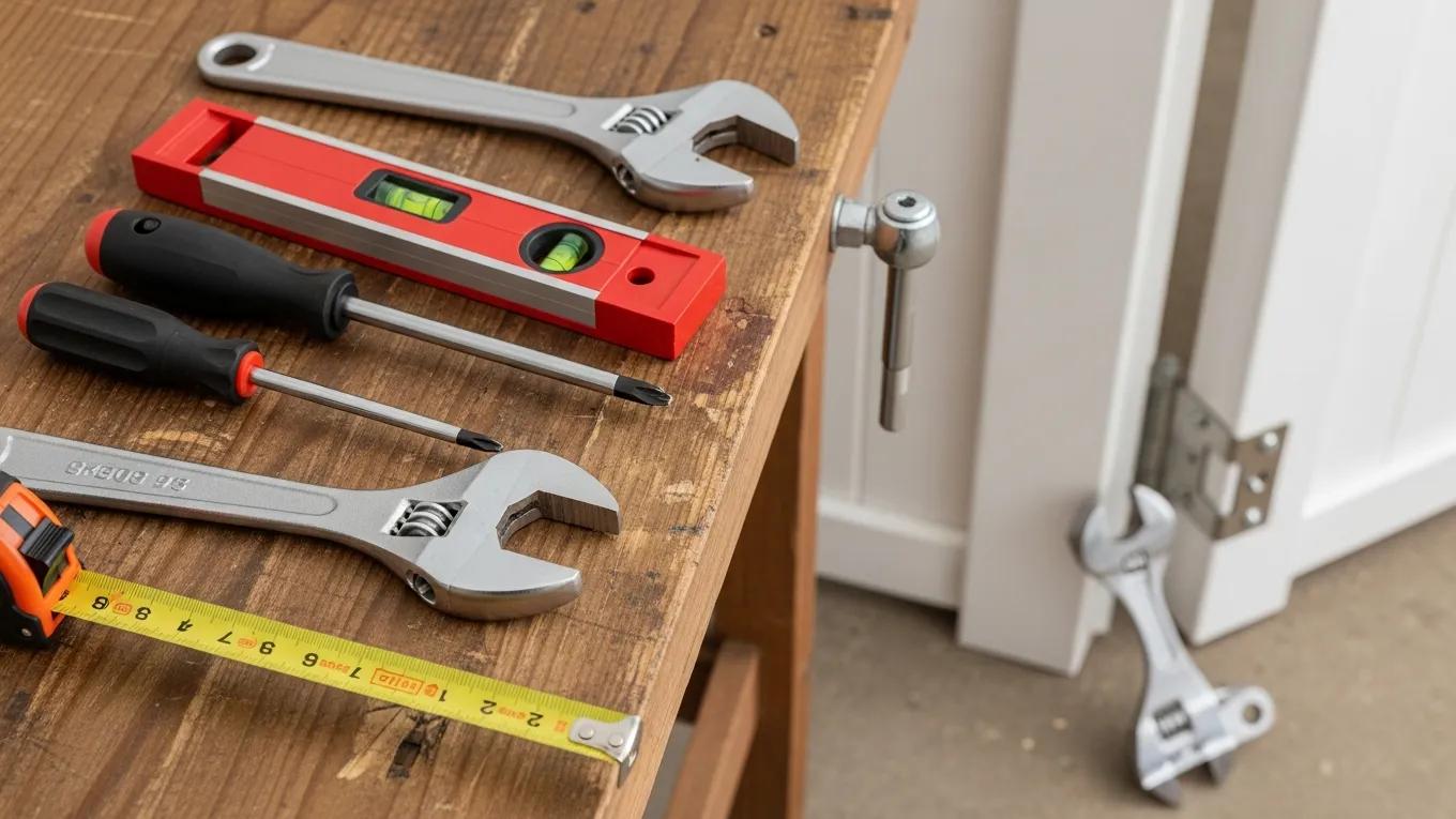 Tools for adjusting vinyl gate hinges on a workbench, including screwdriver, level, and wrench