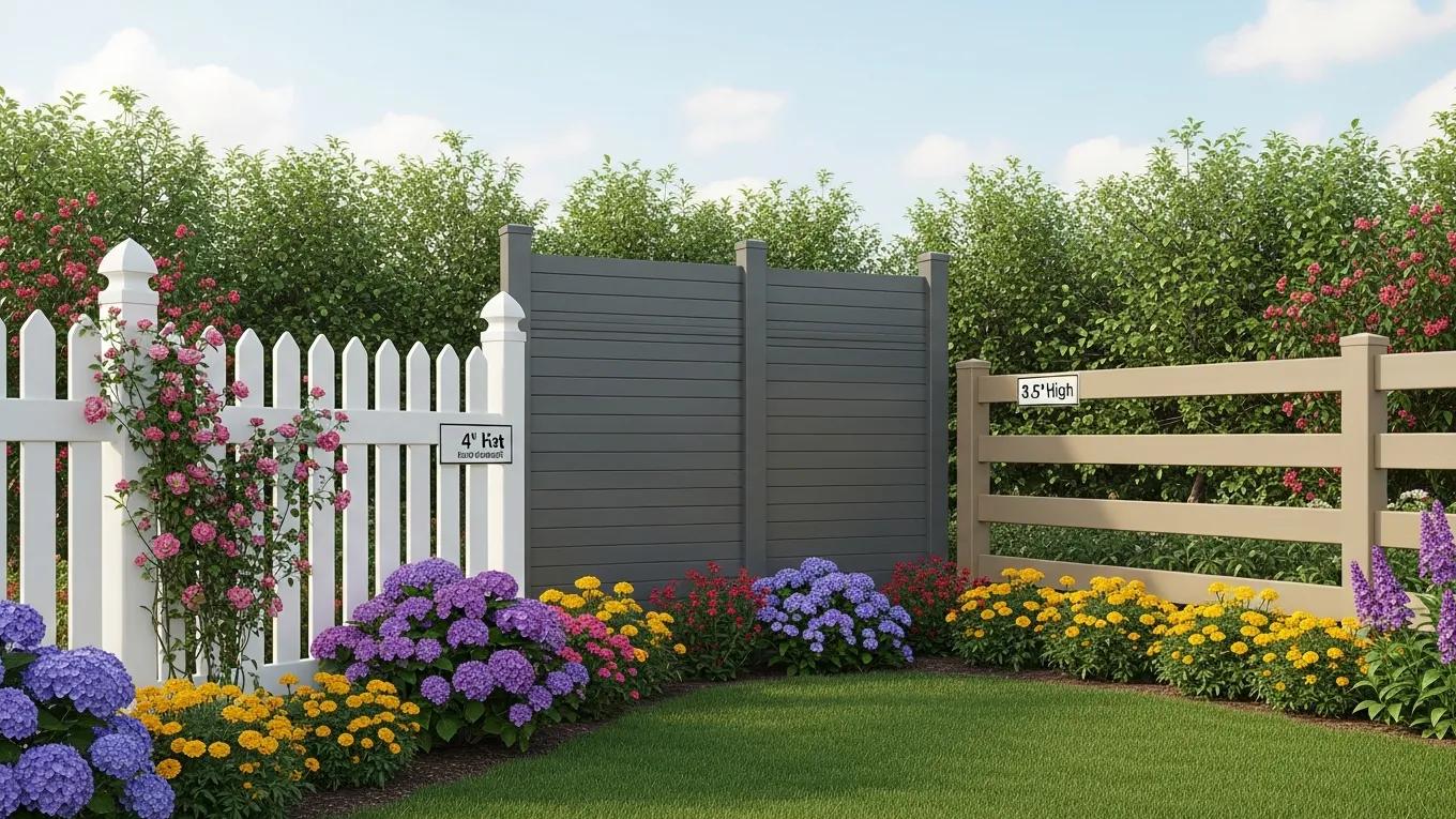Variety of vinyl fence styles and colors in a garden setting