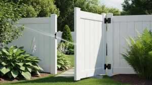 Vinyl fence gate in a sunny backyard, illustrating proper alignment and maintenance