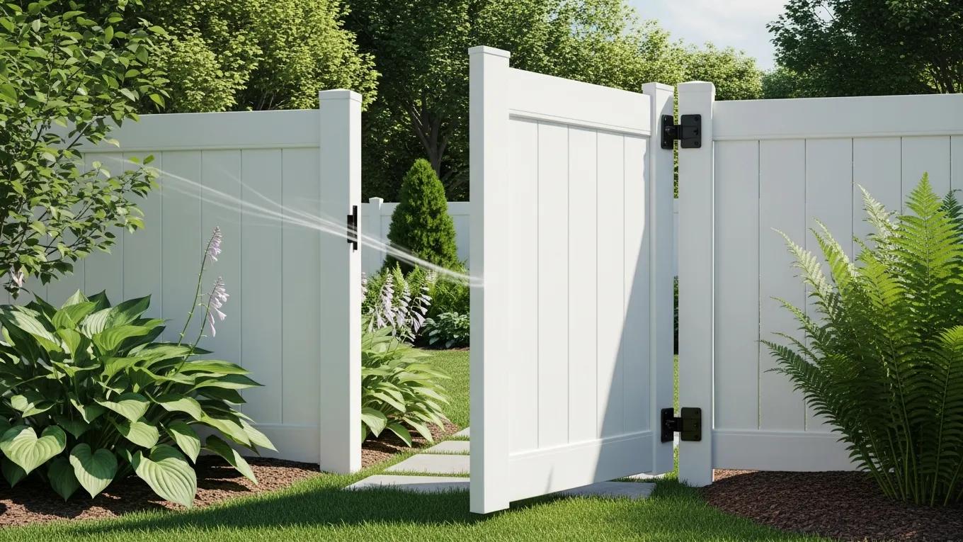 Vinyl fence gate in a sunny backyard, illustrating proper alignment and maintenance