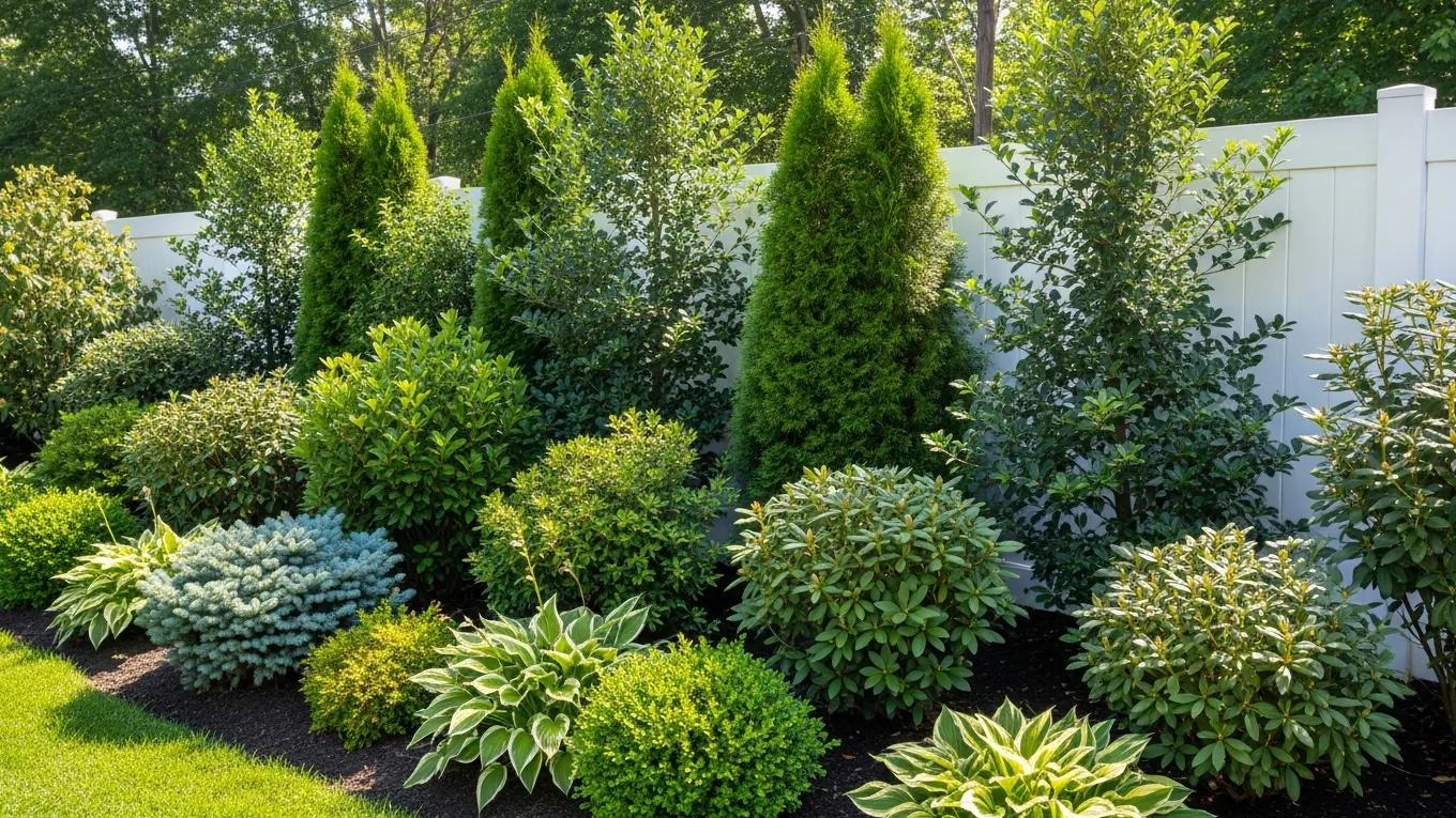 Vinyl privacy fence surrounded by lush landscaping, enhancing noise reduction and outdoor privacy