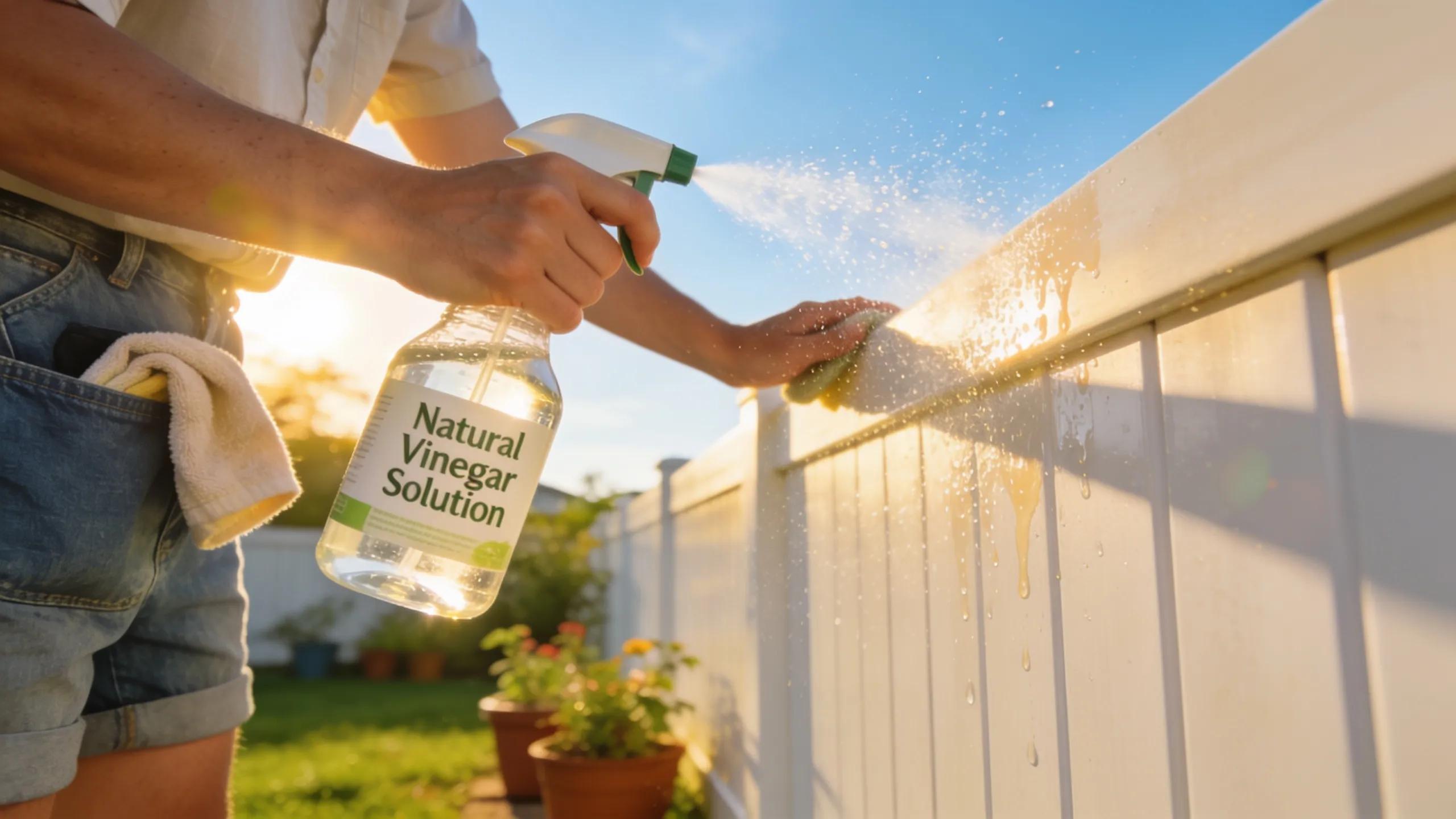 Homeowner using vinegar solution to clean a vinyl fence, focusing on eco-friendly cleaning practices