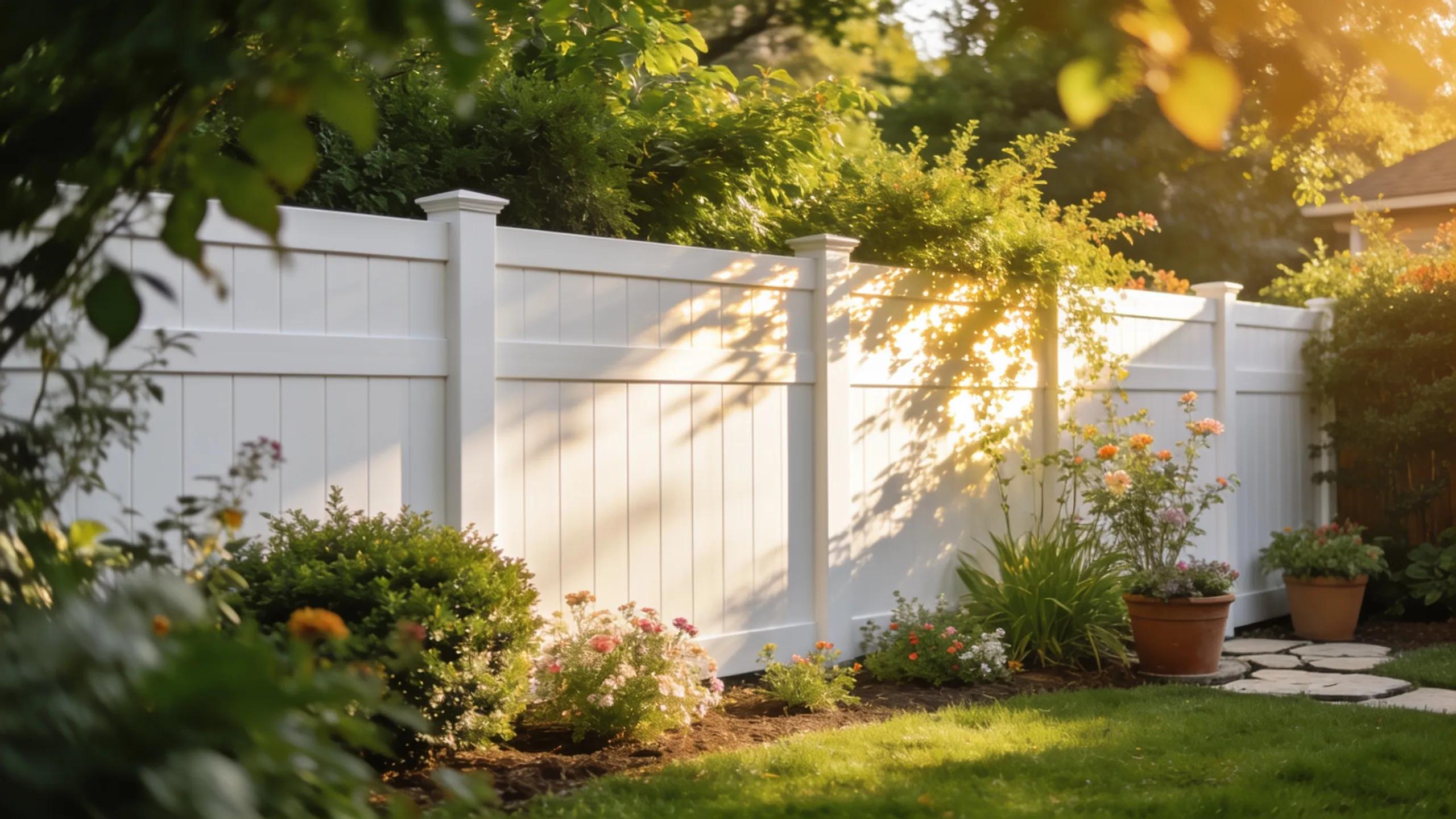 Vinyl fence in a garden providing privacy and enhancing home aesthetics