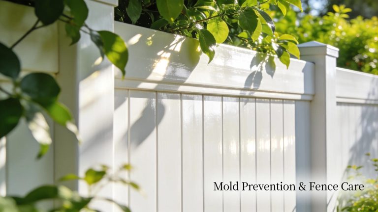 Clean vinyl fence in a sunny garden, showcasing effective mold prevention and maintenance