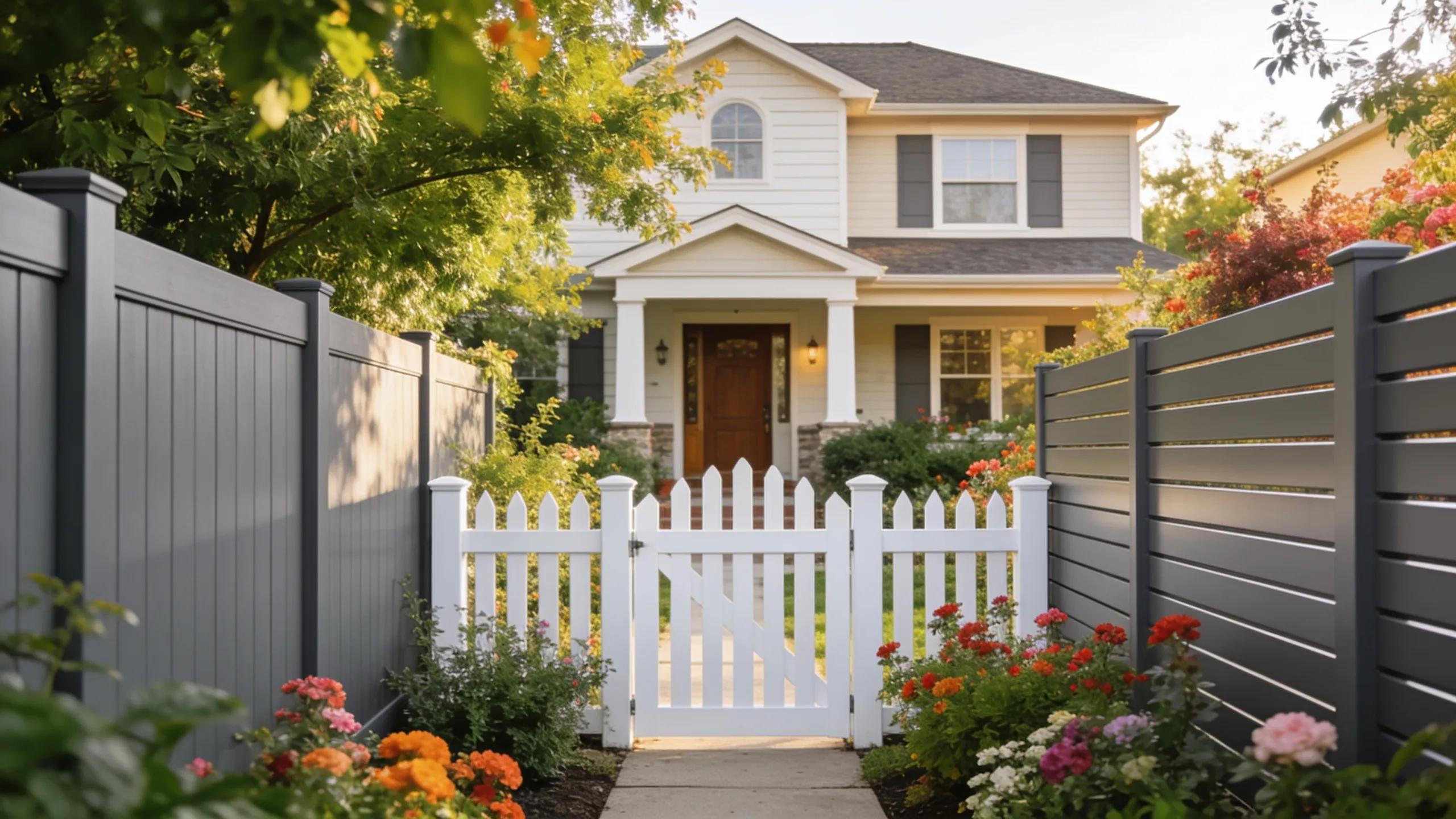 Residential yard with stylish vinyl fences, including picket, privacy, and horizontal variations, enhancing curb appeal