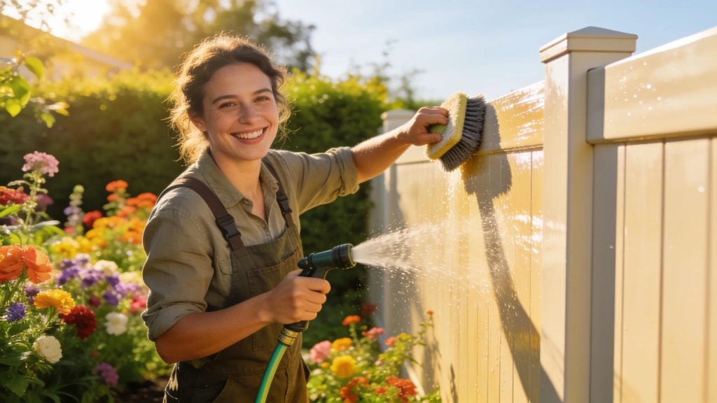 A person cleaning a vinyl fence with a hose and scrub brush in a vibrant garden setting