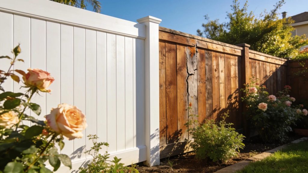 Comparison of vinyl and wood fencing in a sunny Southern California backyard