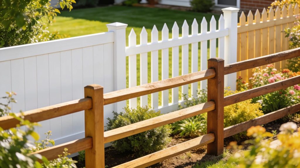 Affordable vinyl fence styles in a sunny residential yard with privacy, picket, and ranch rail options