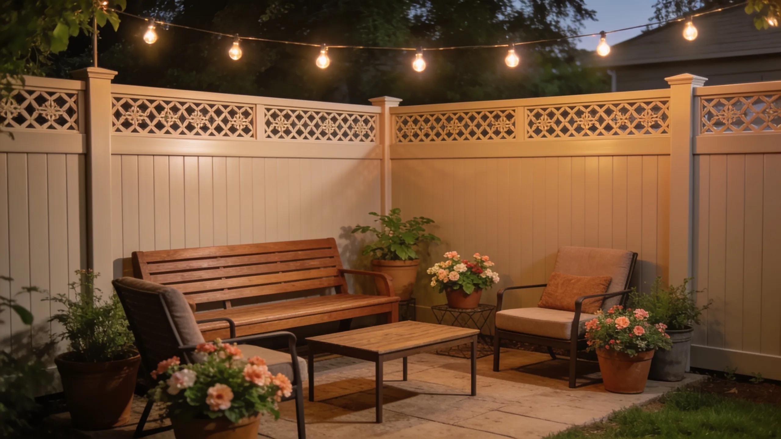 Elegant vinyl privacy fence with decorative tops in a tranquil outdoor setting, emphasizing security and style
