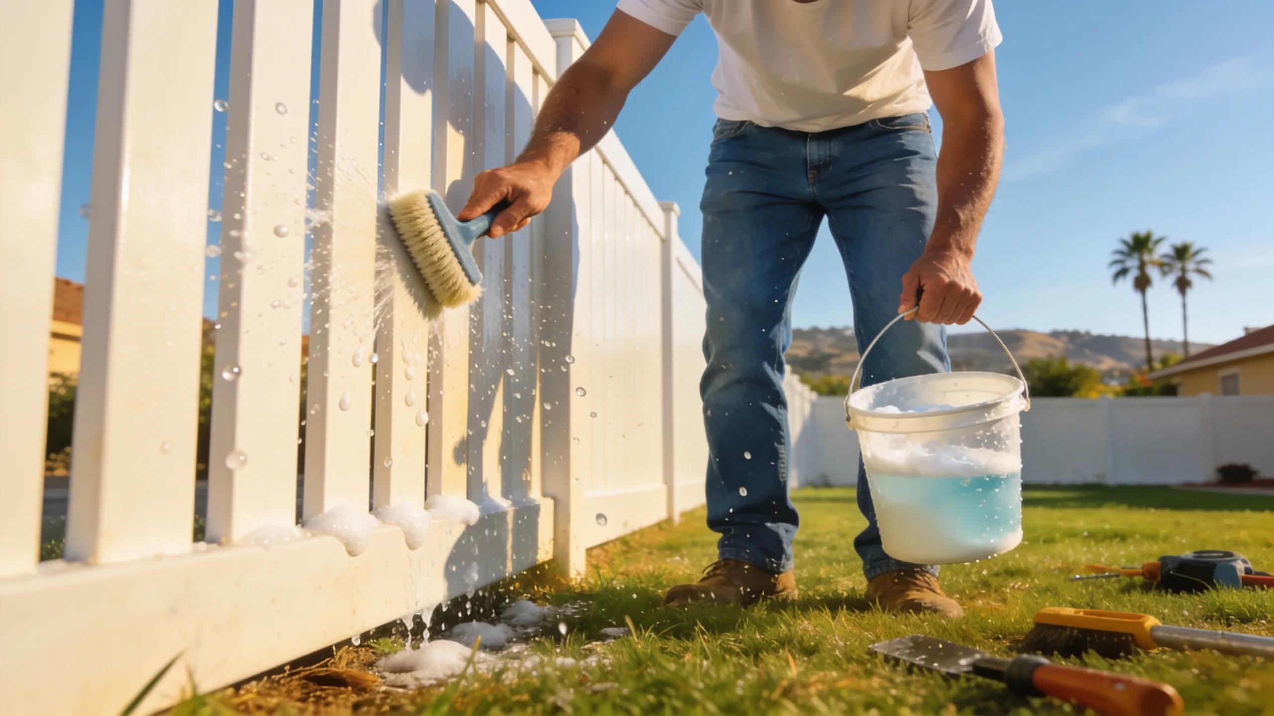 Homeowner cleaning a vinyl fence with a soft brush in sunny Southern California, emphasizing maintenance