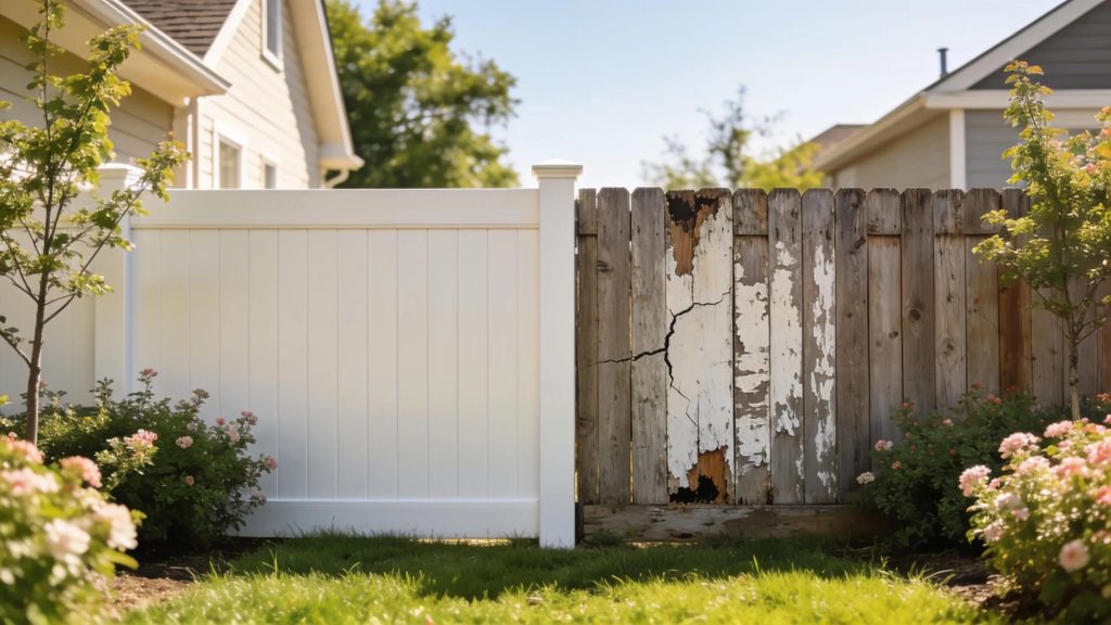 Various vinyl fencing materials and styles showcasing differences in quality and design